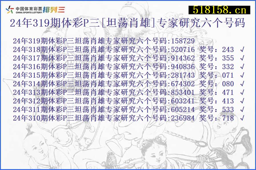 24年319期体彩P三[坦荡肖雄]专家研究六个号码