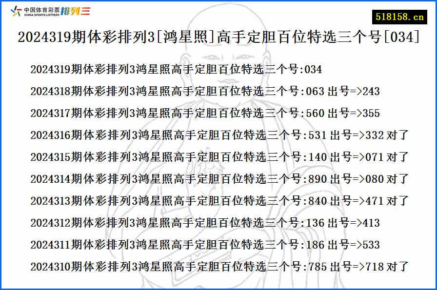 2024319期体彩排列3[鸿星照]高手定胆百位特选三个号[034]