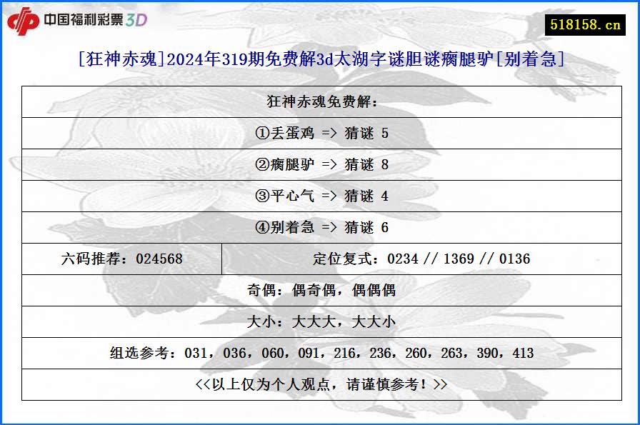 [狂神赤魂]2024年319期免费解3d太湖字谜胆谜瘸腿驴[别着急]