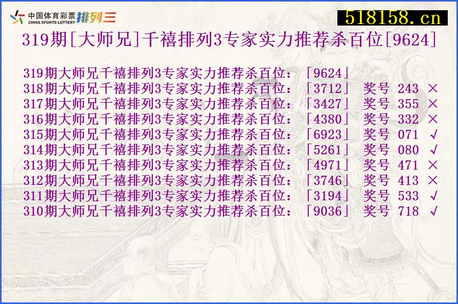 319期[大师兄]千禧排列3专家实力推荐杀百位[9624]