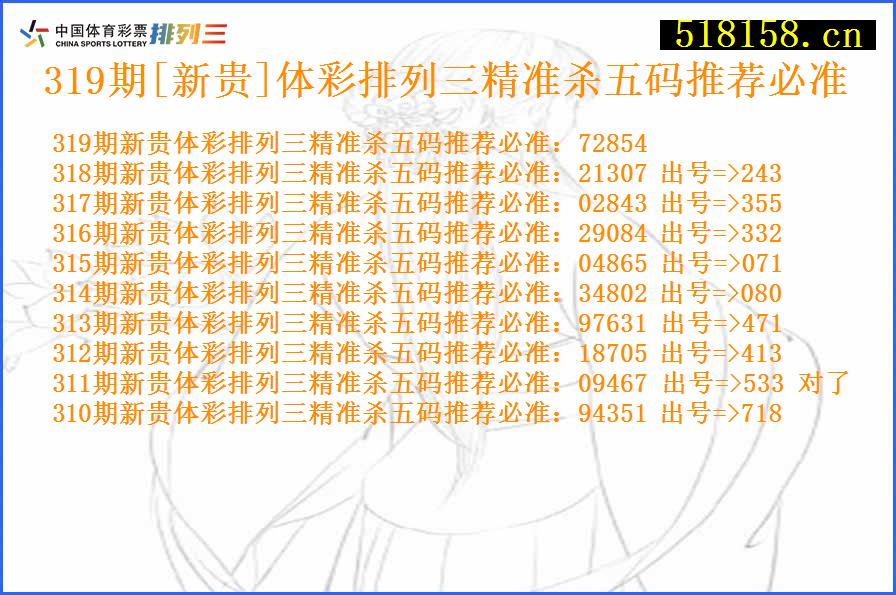 319期[新贵]体彩排列三精准杀五码推荐必准