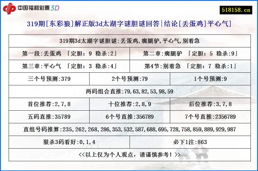 319期[东彩狼]解正版3d太湖字谜胆谜回答|结论[丢蛋鸡]平心气]