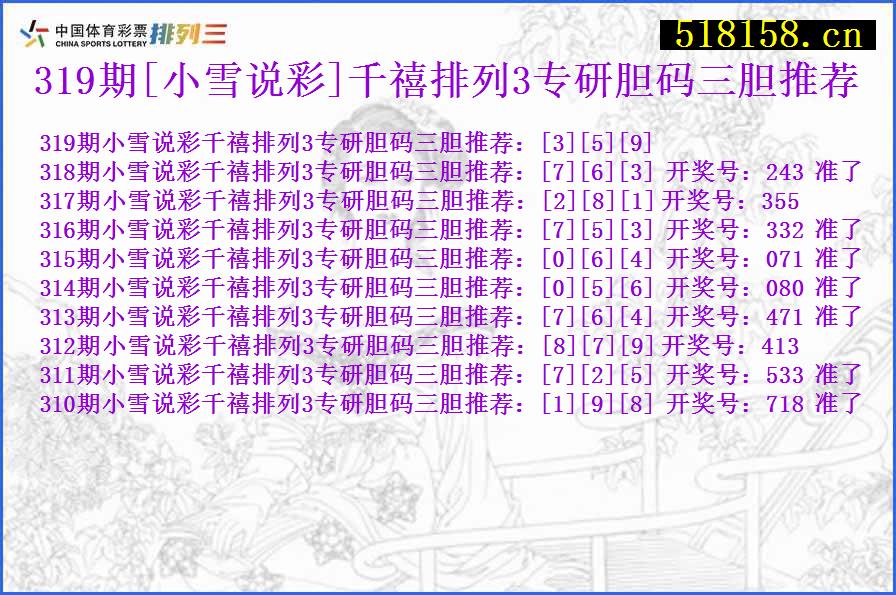 319期[小雪说彩]千禧排列3专研胆码三胆推荐