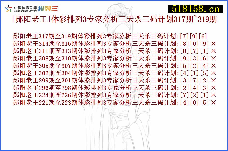 [郧阳老王]体彩排列3专家分析三天杀三码计划317期~319期