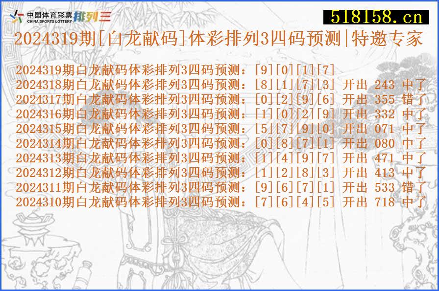 2024319期[白龙献码]体彩排列3四码预测|特邀专家