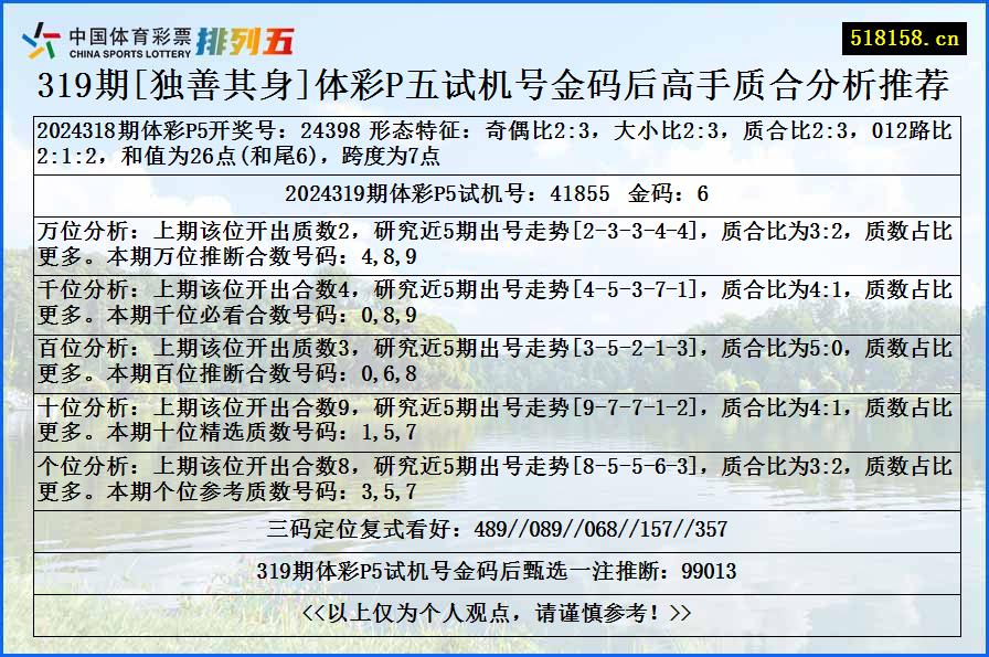 319期[独善其身]体彩P五试机号金码后高手质合分析推荐