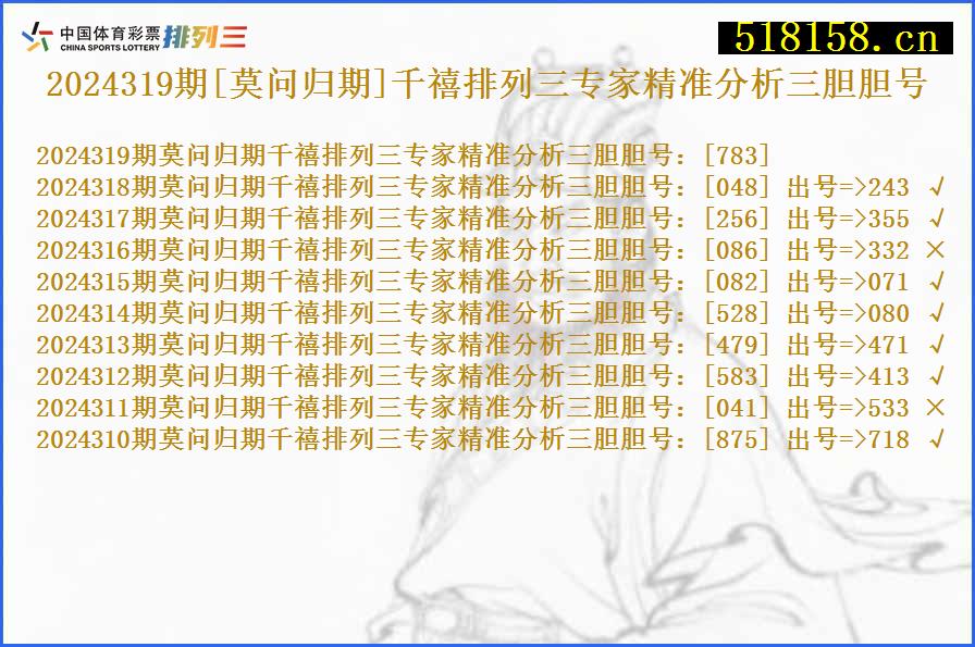 2024319期[莫问归期]千禧排列三专家精准分析三胆胆号