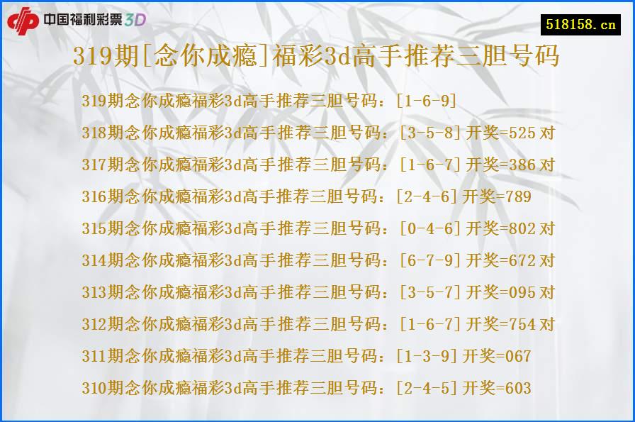 319期[念你成瘾]福彩3d高手推荐三胆号码