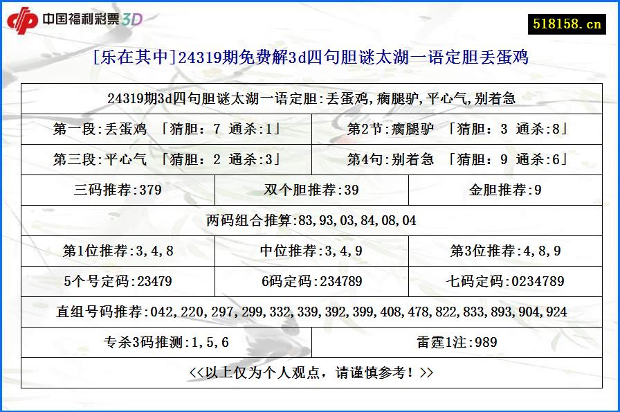 [乐在其中]24319期免费解3d四句胆谜太湖一语定胆丢蛋鸡