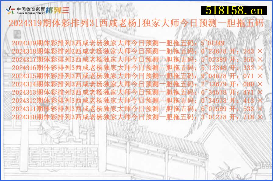 2024319期体彩排列3[西咸老杨]独家大师今日预测一胆拖五码