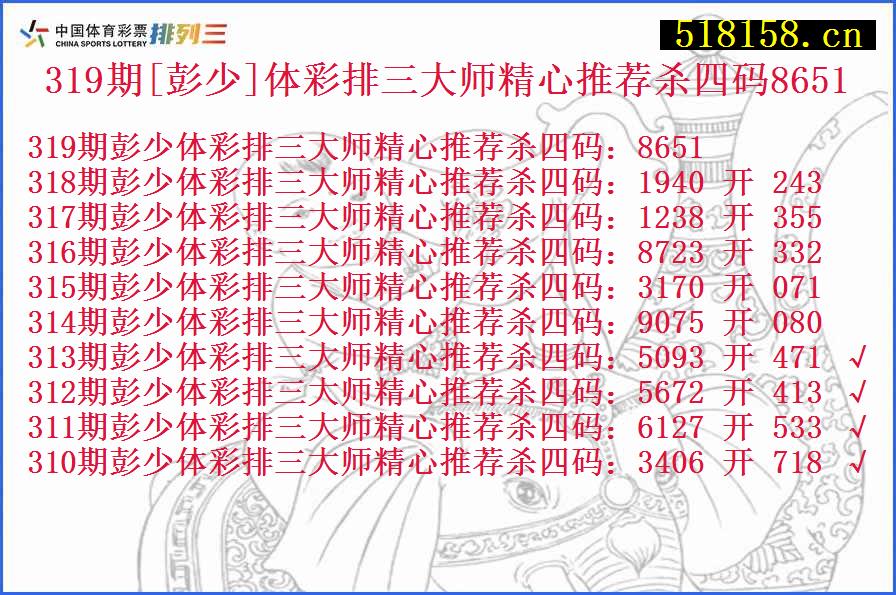 319期[彭少]体彩排三大师精心推荐杀四码8651