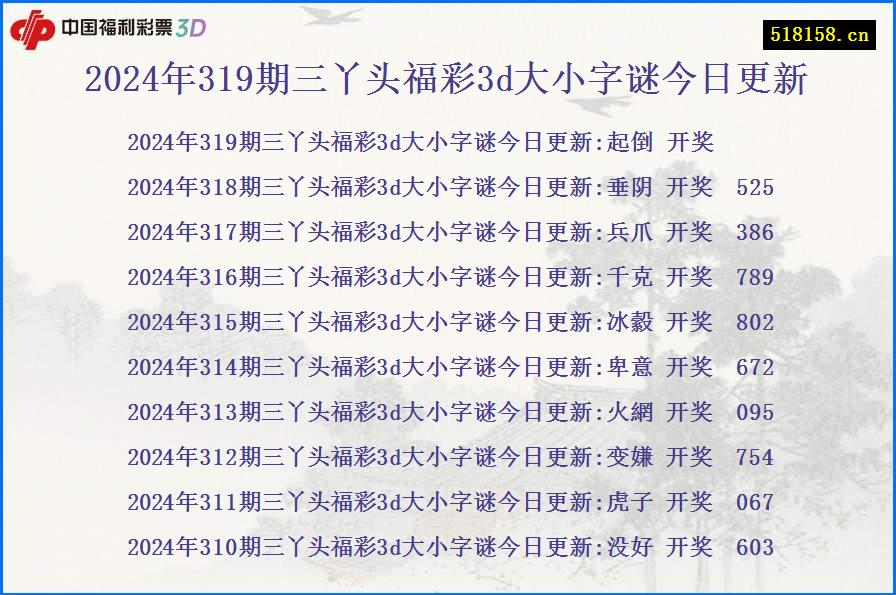 2024年319期三丫头福彩3d大小字谜今日更新