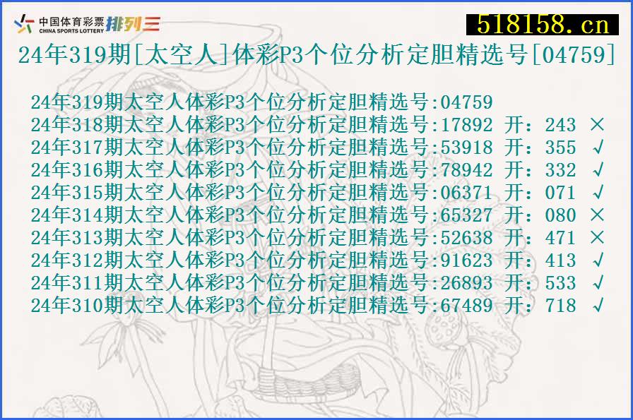 24年319期[太空人]体彩P3个位分析定胆精选号[04759]