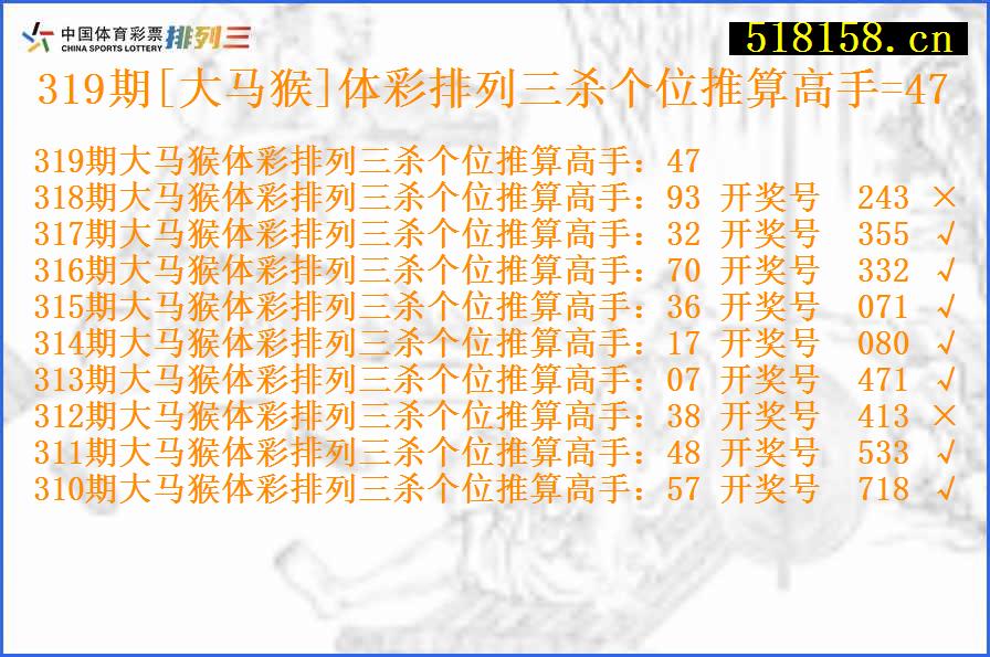 319期[大马猴]体彩排列三杀个位推算高手=47