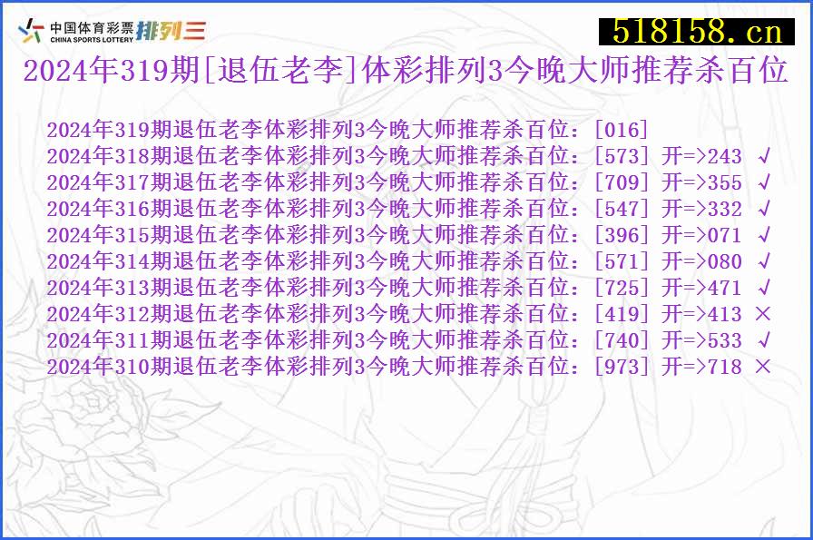 2024年319期[退伍老李]体彩排列3今晚大师推荐杀百位