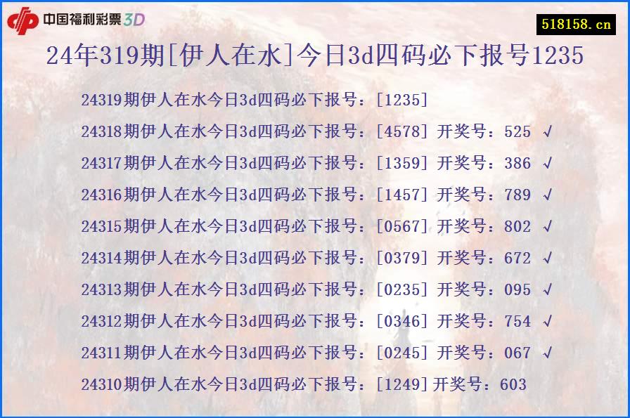 24年319期[伊人在水]今日3d四码必下报号1235