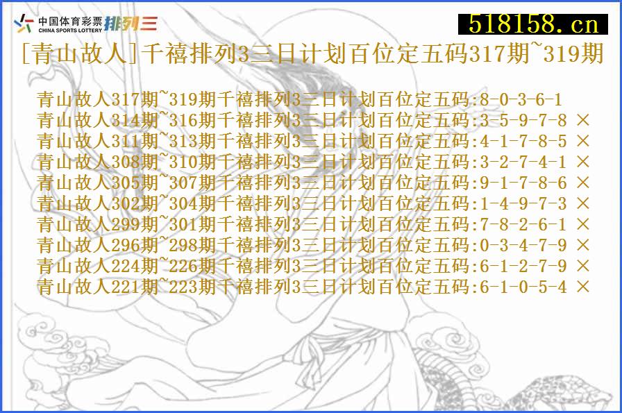 [青山故人]千禧排列3三日计划百位定五码317期~319期