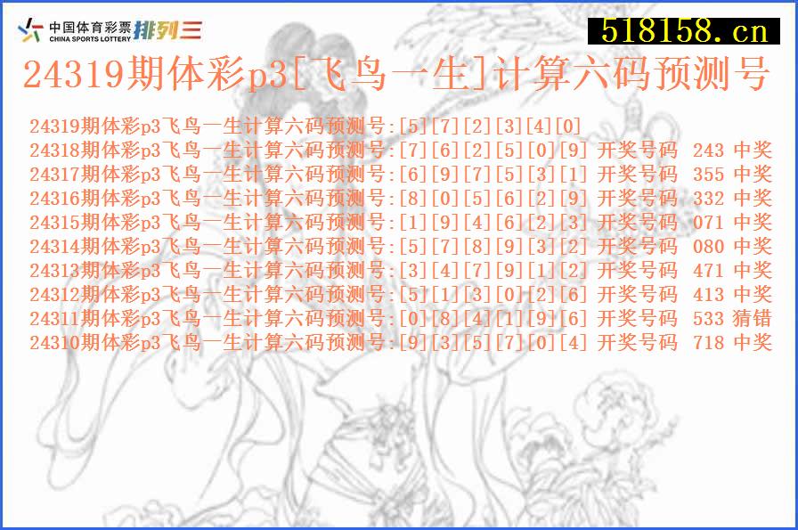 24319期体彩p3[飞鸟一生]计算六码预测号