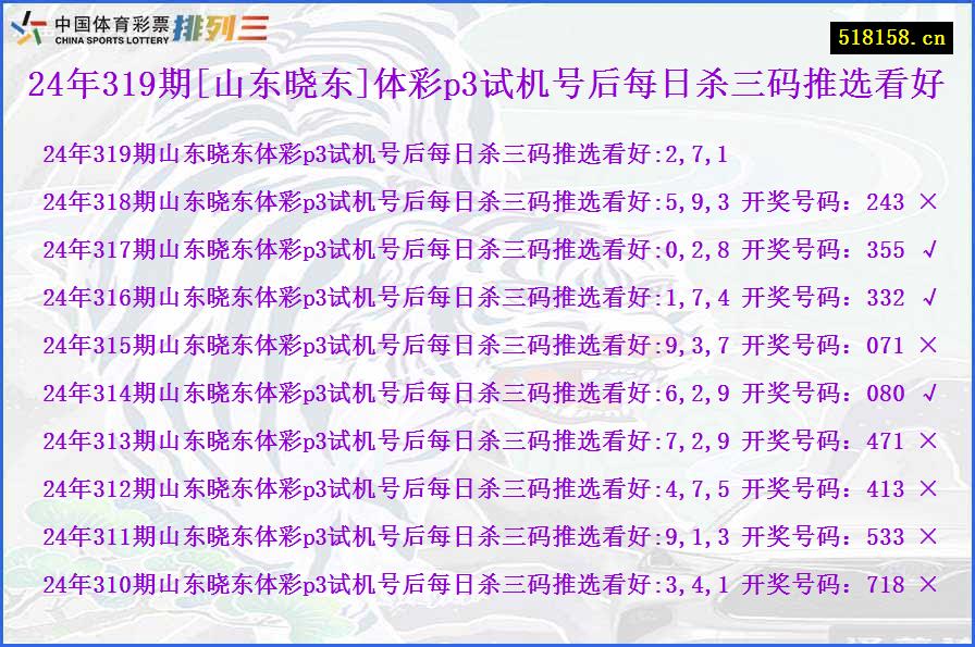 24年319期[山东晓东]体彩p3试机号后每日杀三码推选看好