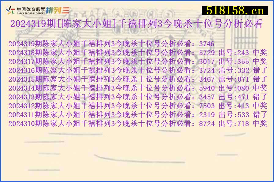 2024319期[陈家大小姐]千禧排列3今晚杀十位号分析必看