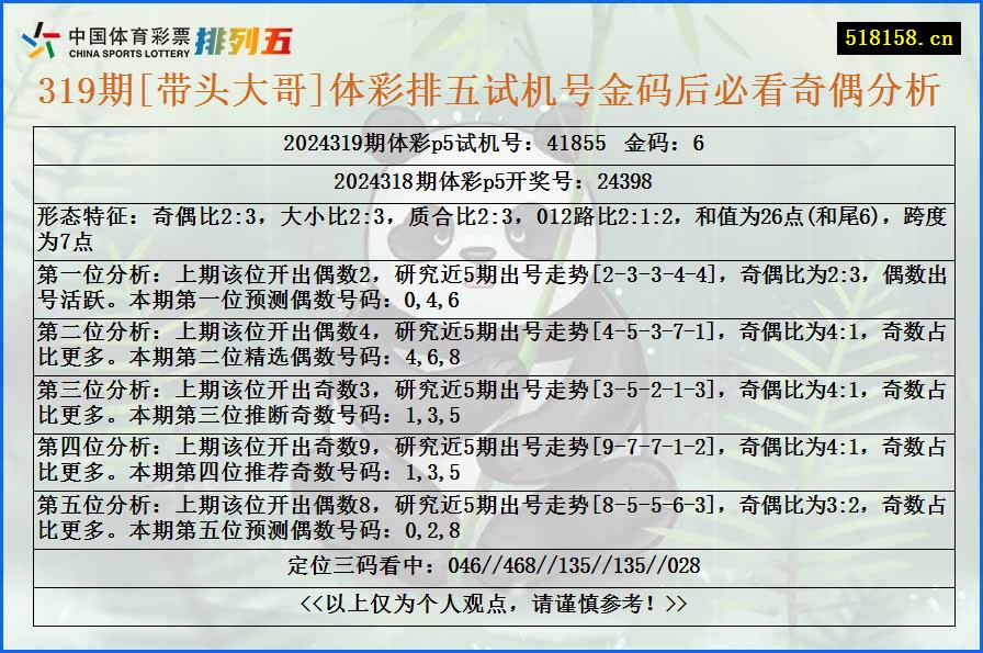 319期[带头大哥]体彩排五试机号金码后必看奇偶分析