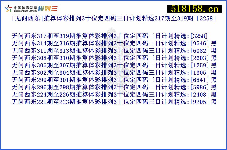 [无问西东]推算体彩排列3十位定四码三日计划精选317期至319期「3258」