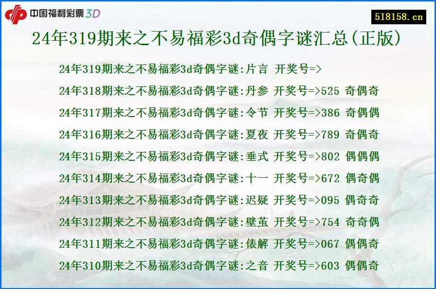 24年319期来之不易福彩3d奇偶字谜汇总(正版)