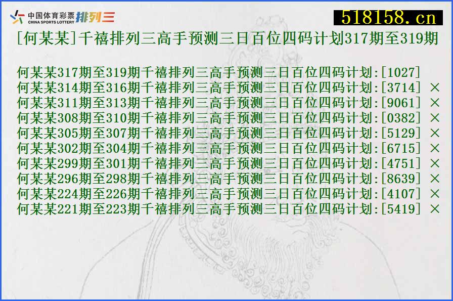 [何某某]千禧排列三高手预测三日百位四码计划317期至319期