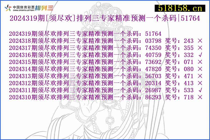 2024319期[须尽欢]排列三专家精准预测一个杀码|51764