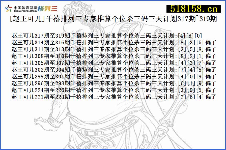 [赵王可儿]千禧排列三专家推算个位杀三码三天计划317期~319期