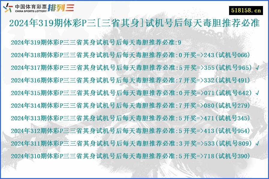 2024年319期体彩P三[三省其身]试机号后每天毒胆推荐必准