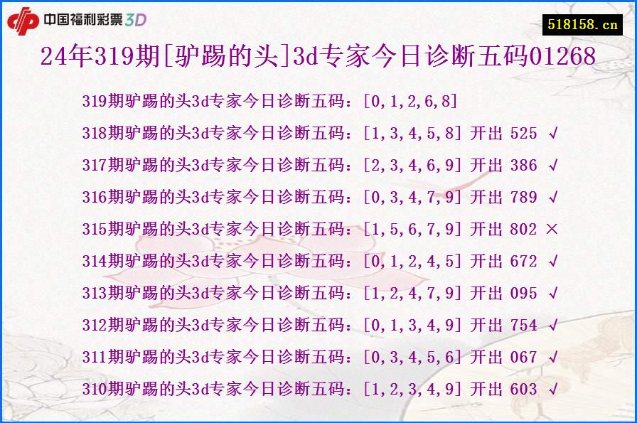 24年319期[驴踢的头]3d专家今日诊断五码01268