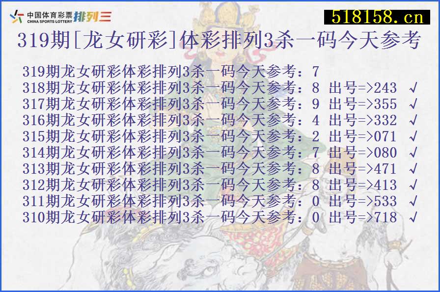 319期[龙女研彩]体彩排列3杀一码今天参考