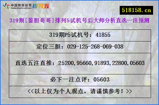 319期[鉴胆哥哥]排列5试机号后大师分析直选一注预测