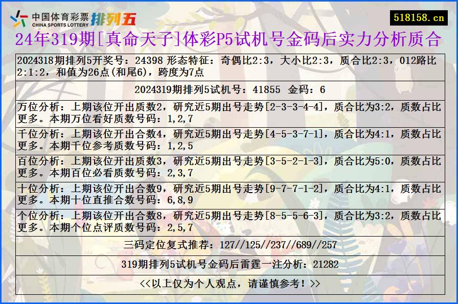 24年319期[真命天子]体彩P5试机号金码后实力分析质合