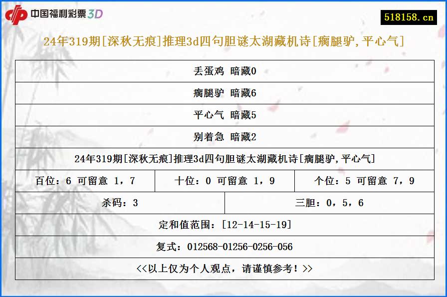 24年319期[深秋无痕]推理3d四句胆谜太湖藏机诗[瘸腿驴,平心气]