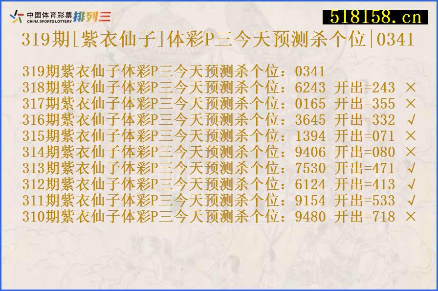 319期[紫衣仙子]体彩P三今天预测杀个位|0341