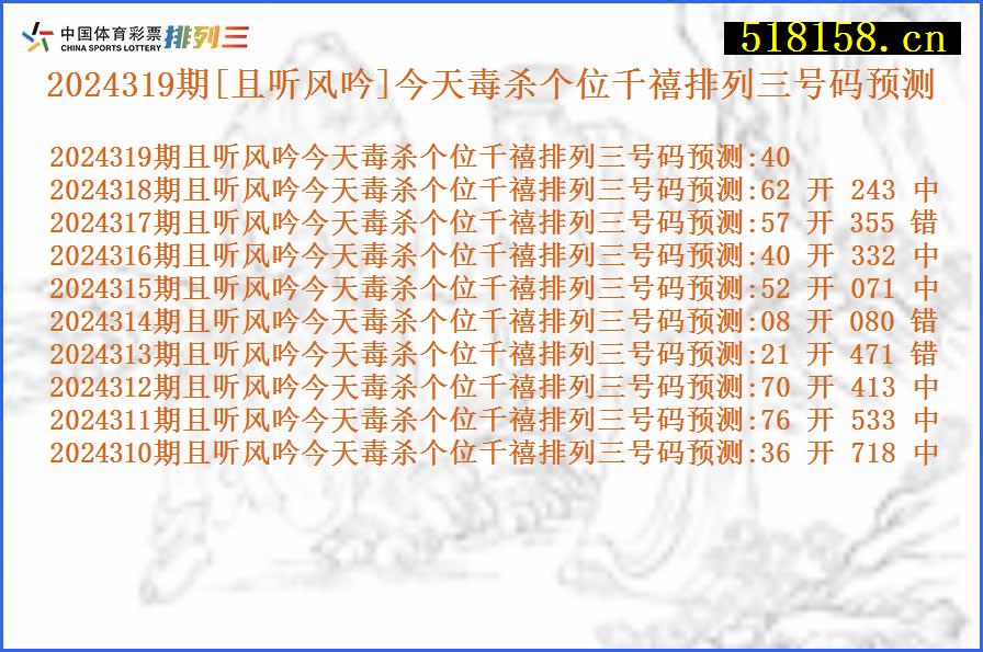 2024319期[且听风吟]今天毒杀个位千禧排列三号码预测