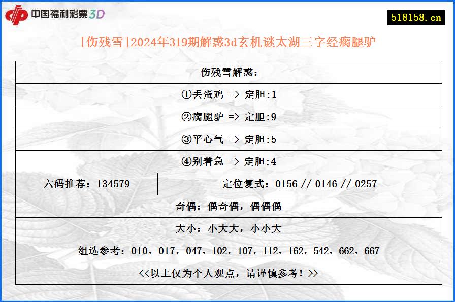 [伤残雪]2024年319期解惑3d玄机谜太湖三字经瘸腿驴