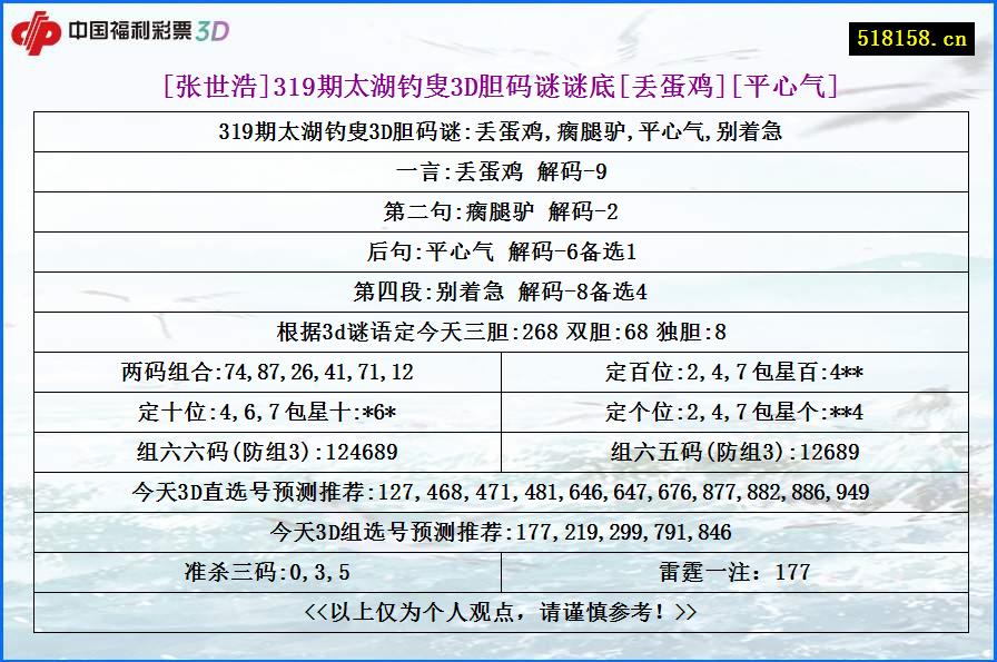 [张世浩]319期太湖钓叟3D胆码谜谜底[丢蛋鸡][平心气]