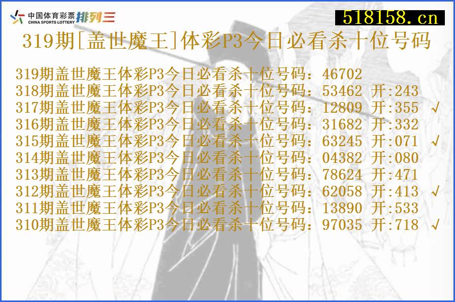 319期[盖世魔王]体彩P3今日必看杀十位号码