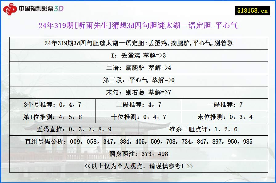 24年319期[听雨先生]猜想3d四句胆谜太湖一语定胆 平心气