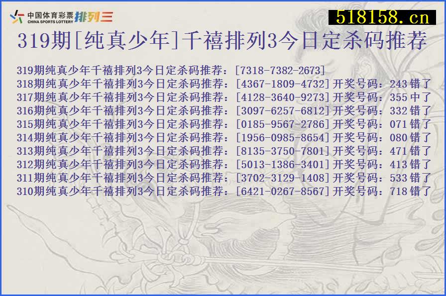 319期[纯真少年]千禧排列3今日定杀码推荐