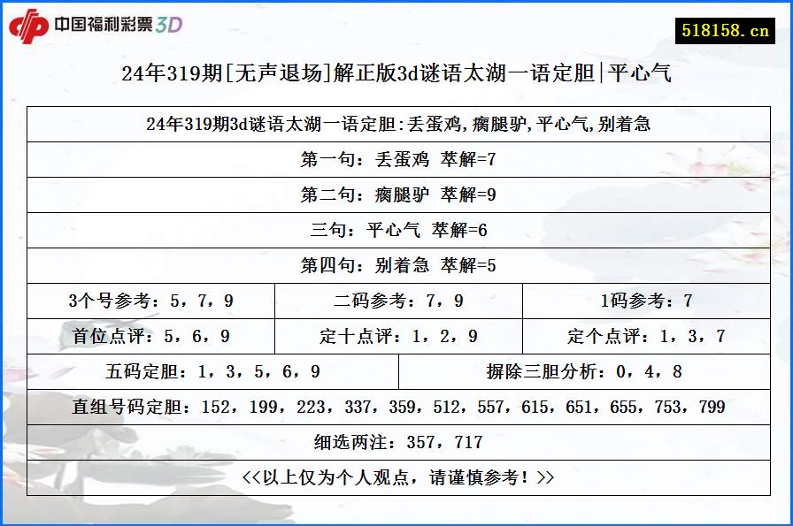 24年319期[无声退场]解正版3d谜语太湖一语定胆|平心气