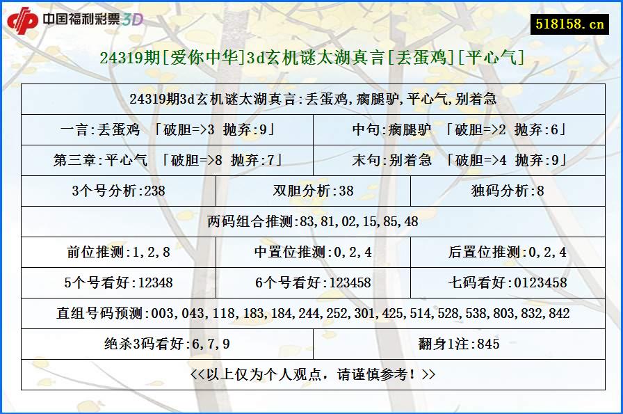 24319期[爱你中华]3d玄机谜太湖真言[丢蛋鸡][平心气]