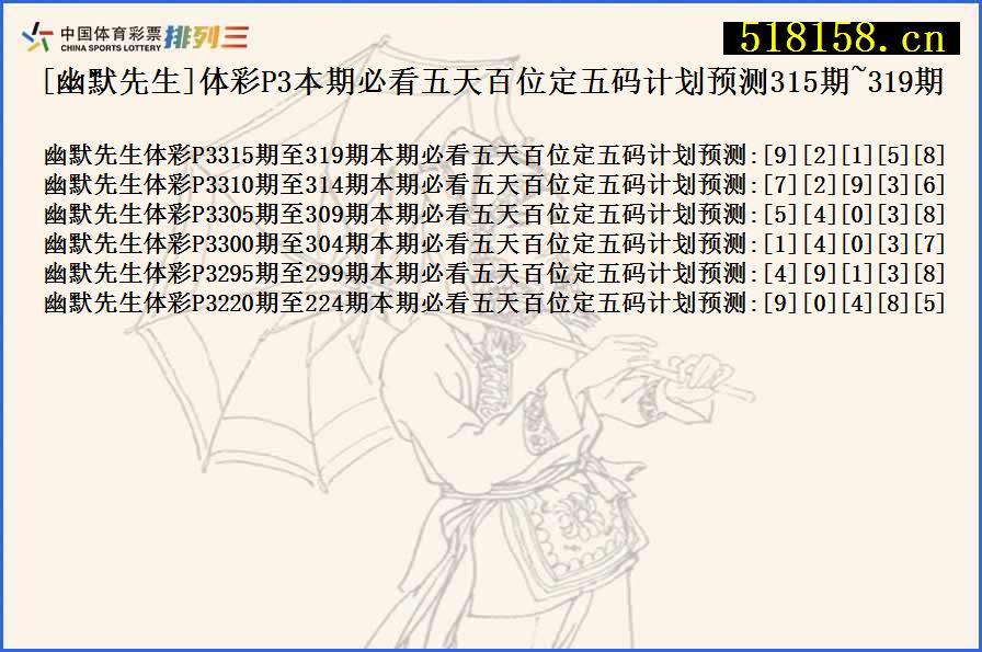 [幽默先生]体彩P3本期必看五天百位定五码计划预测315期~319期