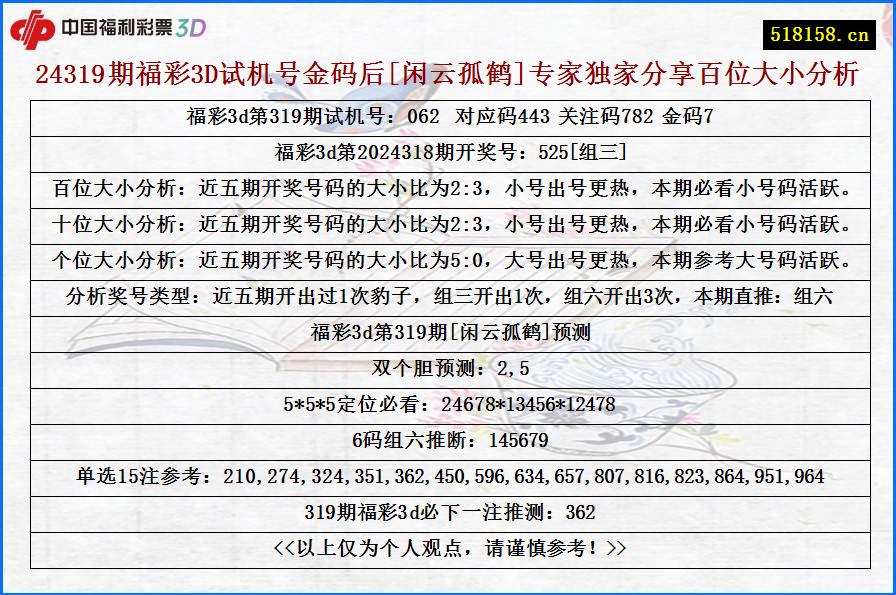 24319期福彩3D试机号金码后[闲云孤鹤]专家独家分享百位大小分析