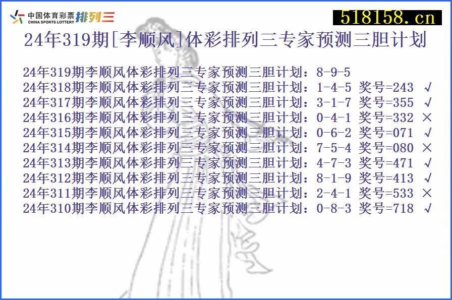 24年319期[李顺风]体彩排列三专家预测三胆计划