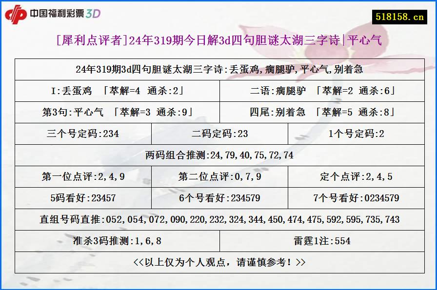 [犀利点评者]24年319期今日解3d四句胆谜太湖三字诗|平心气