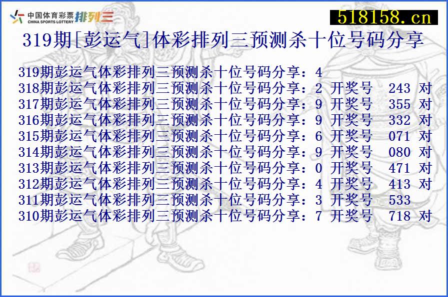 319期[彭运气]体彩排列三预测杀十位号码分享